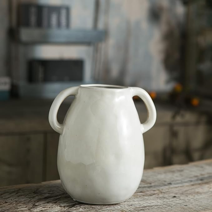 White Ceramic Vase with 2 Handles, Modern Farmhouse Decor, Rustic Terracotta Pottery, Decorative Flower Vases, Clay Small Vase, Centerpiece for Dining Table - 7 Inch Tall