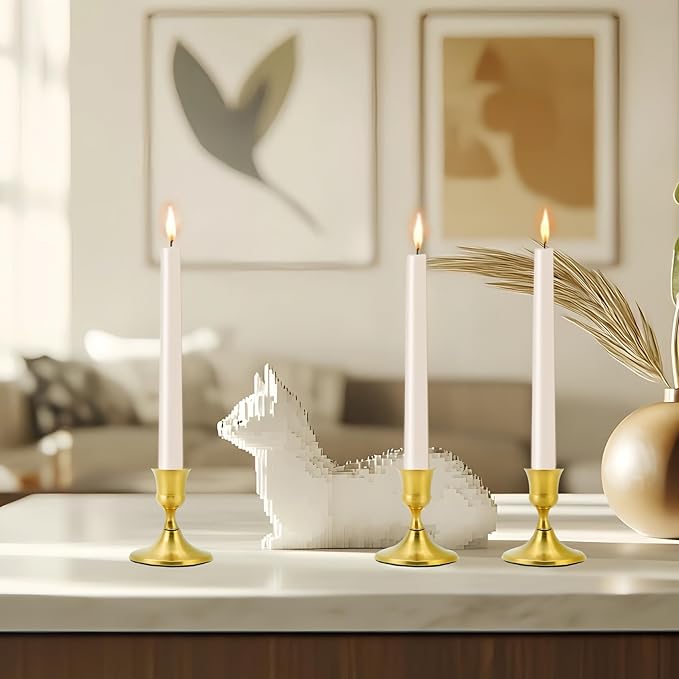 Vintage Brass Gold Taper Candle Holders, Set of 2, Metal Taper Candlestick Holder for Dinner Room Table Centerpiece, Wedding Reception, Festive,Mantel Decoration, Home Decor (Brass Gold, Set of 2)