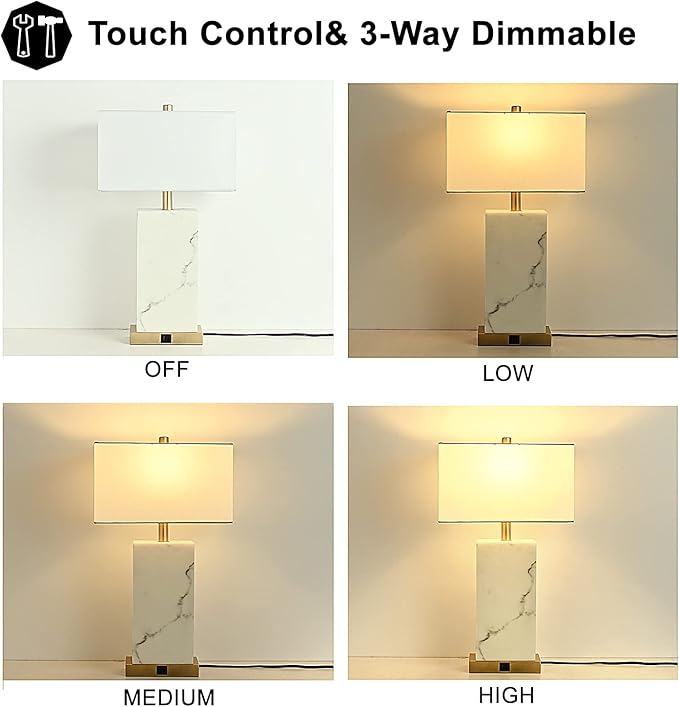 24" White Table Lamp Set of 2 Touch Control, Lamps for Living Room with USB, 3-Way Dimmable Bedside Nightstand Lamps, Gold Lamp Set for Bedroom, Marble Base Side Lamp for End Tables, Bulbs Included