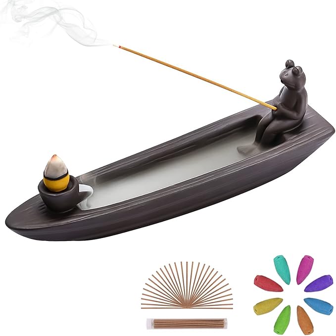 ChangWanna Frog Incense Holder Waterfall - Ceramic Cone Backflow Incense Burner Smoke Fountain, Back Flowing Incense Diffuser with 45 Sticks & 12 Cones, Frog Ornament for Aromatherapy/Yoga/Home Decor