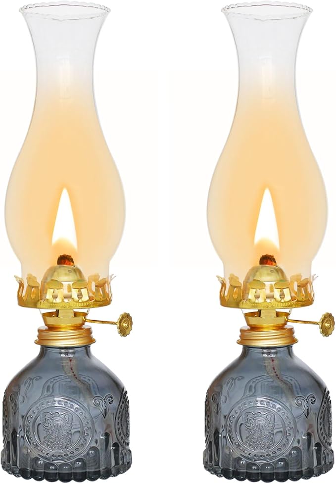 Glass Oil Lamp 2Pack, Oil Lamps for Indoor Use - 11"x3" Gray Antique Kerosene Lamp, Outdoor Oil Lamp, Beautifully Carved Vintage Oil Lamp for Home Decor, Tabletop, Emergency Lighting & Props