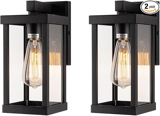mirrea 11" Classic Outdoor Wall Sconce 1 Light in Matte Black Rectangular Metal Frame and Clear Glass Shade Waterproof Porch Light Patio Light Pack of 2