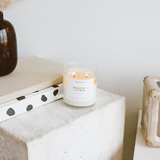 Calyan Wax Co. 2 Wick Candle, Seaside + Citrus Scented Candle, 37 Hour Burn Time, Aromatherapy Soy Candles, Non Toxic & Vegan Soy Wax, Glass Tumbler Scented Candles, 8.8oz