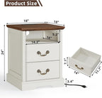 2PCS Farmhouse Nightstands with Charging Station，18" End Table with 2 Drawers，Farmhouse Nightstand with Vintage Handles, Bedside Cabinet for Bedroom for Bedroom, Living Room,White