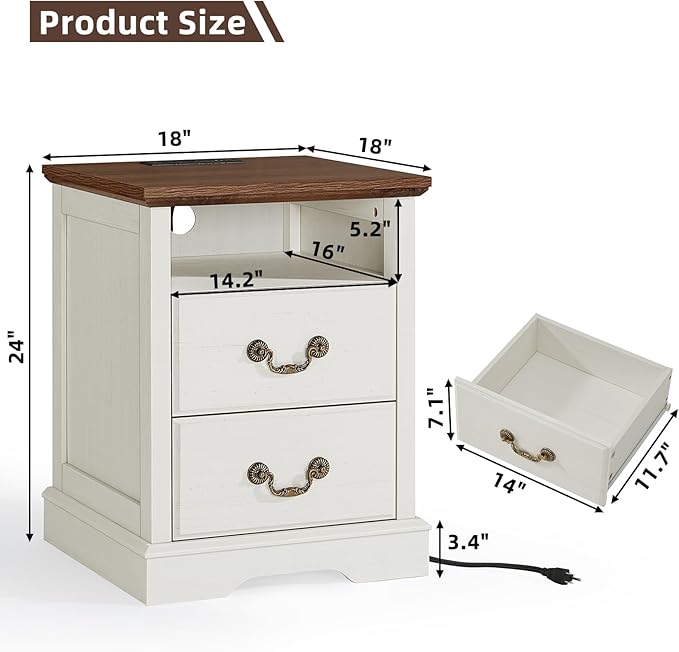 Farmhouse Nightstands with Charging Station，18" End Table with 2 Drawers，Farmhouse Nightstand with Vintage Handles, Bedside Cabinet for Bedroom for Bedroom, Living Room,White