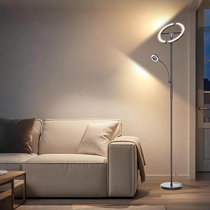 Upgraded 2-in-1 LED Floor Lamp - Dimmable Mother-Daughter Standing Lamp with Remote&Touch Control, 29W Bright Floor Reading Light, Black Modern Standing Light for Living Room Bedroom Office
