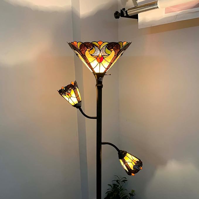 Bieye L10839 Baroque Tiffany Style Stained Glass Torchiere Floor Lamp with Sidelights for Reading, 70-inches Tall (Baroque, Brown)