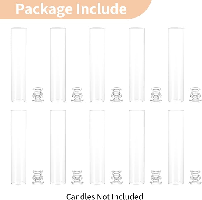 NUPTIO Candlestick Holder Bulk for Centerpiece: Set of 10 Hurricane Glass Taper Candles Holder - Clear Candle Stick Stand with Tall Cylinder Shade for Fall Thanksgiving Christmas Party Decor