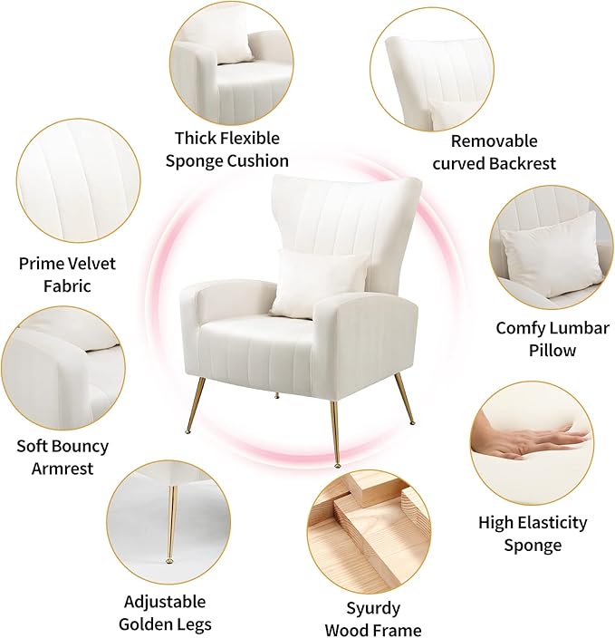 X-VOLSPORT Velvet Accent Chairs Set of 2, Mid Century Modern High Back Living Room Chair with Waist Pillow, Upholstered Arm Chair with Metal Gold Legs for Bedroom, Club, White