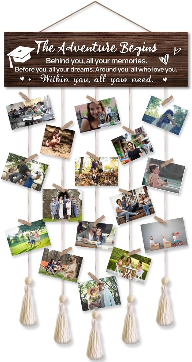 The Adventure Begins Graduation Picture Frame,Graduation Frame with Tassel Holder and 16 Clips,School Photo Framed,Highschool Graduations Gifts for He Her