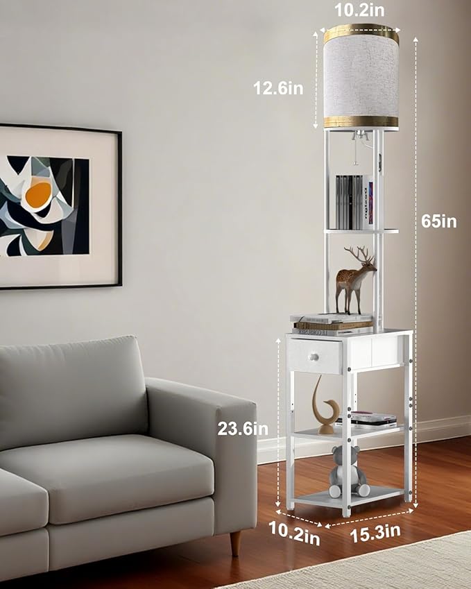 Lightdot 65IN Floor Lamps with Storage Table&Drawer, Corner Shelf Lamps with White End Table and Fabric Lampshade, Modern Standing Tall Lamp for Living Room/Bedroom/Office(E26 LED Bulb Included)