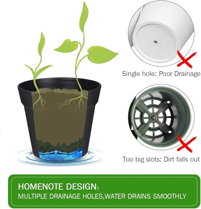 homenote Plant Pots,6/7.5 Inch Flower Pots for Plants Plastic Planters for Indoor with Multiple Drainage Holes and Trays, for All Home Garden Flowers Succulents,Outdoor(Black,10 Pack)