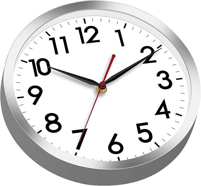 AKCISOT Wall Clock 10 Inch Silent Wall Clocks Battery Operated Non Ticking - Modern Silver Clock Decorative for Kitchen, Bathroom, Bedroom, Living Room, Office, Home(Silver)