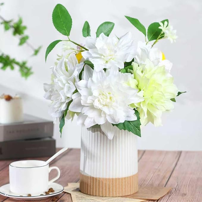 Fake Flower with Vase,White Silk Dahlia Artificial Flowers in Modern Ceramics Vase for Home Bathroom Office Desk Party Centerpiece Coffee Table Decor