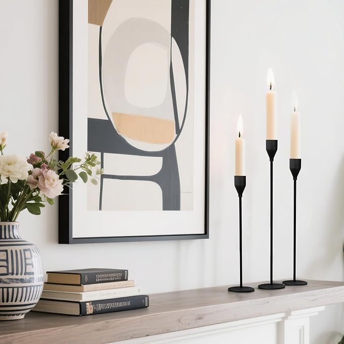 Taper Candle Holders, Set of 6 Candlestick Holders for Table Centerpieces, Weddings, Parties, Anniversaries and Home Decor, Elegant Candle Holders (Black)