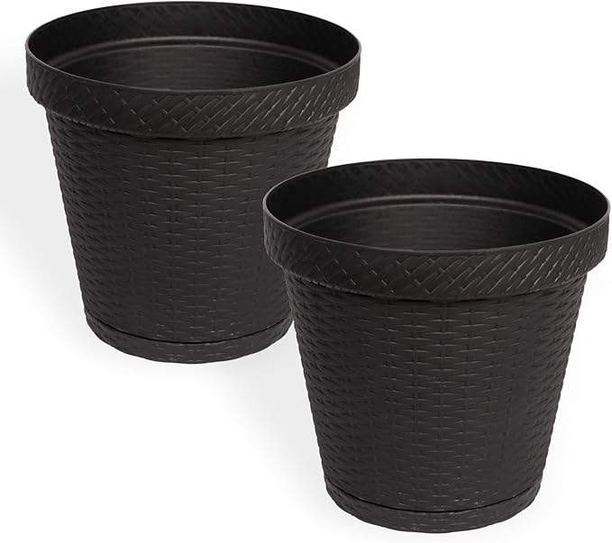 Elly Décor Set of 2 12 inch Round Saucer Modern Self Watering Planter Plates, Pots with Rattan-Like Finish, 12x12 Gray
