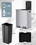 Arlopu 16Gal Dual Trash Can w/2 Built-in Box for Odor Control, Hands-Free Kitchen Garbage Bin, Recycle Waste Dustbin, Soft-Close Lid, 2 Buckets,Foot Pedal, Side Handle, Airtight,for Home Office