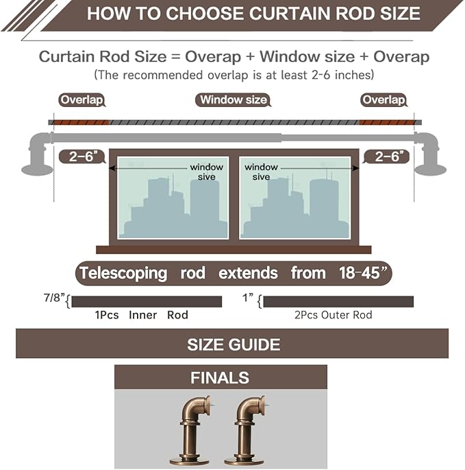 Industrial Curtain Rods 18 to 45 in,Blackout Curtain Rod,Adjustable Length,1 in Diameter Pipe,Wall or Ceiling Mounted,for Bedroom and Living Room (Coffee Gold 18” to 45”)