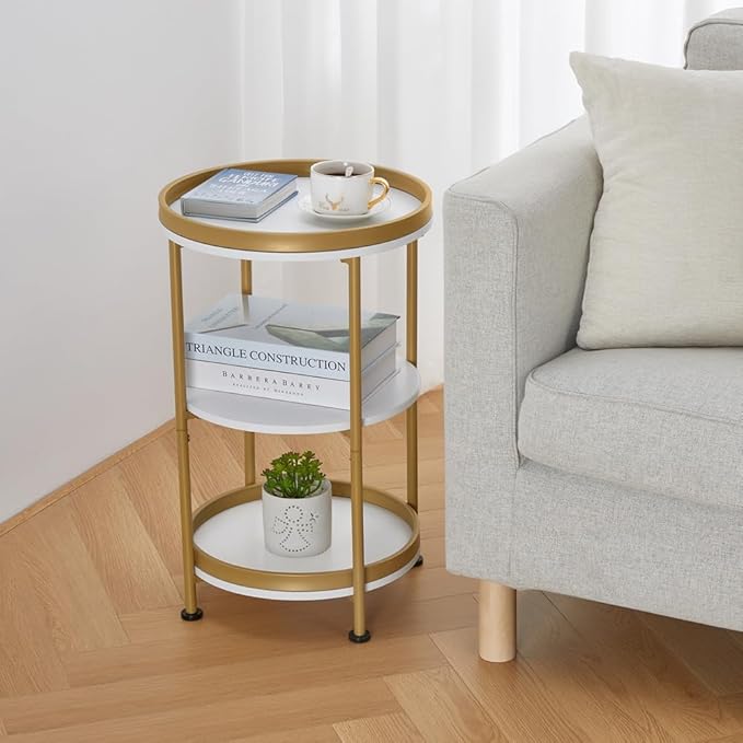Dulcii Round Side Table with Storage Tray for Living Room, 15" L x 15" W x 24" H Bedroom Nightstand 3 Tiers Bedside Table with Steel Frame for Small Spaces (White & Gold)