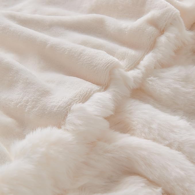 Lotus Karen Faux Fur Blanket - Cream White Twin Size, Big Bubble Rabbit Fluff, 60x80 Inches