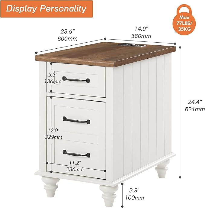 WAMPAT 2 Pack Off White End Table with Charging Station, Wood Side Sofa Table with Drawer and Storage Cabinet, Modern Nightstand with Power Outlets & USB Ports for Living Room, Bedroom