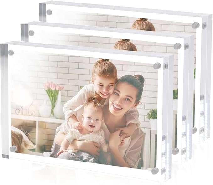 3 Pack Acrylic Picture Frames 5x7 Inch Free Standing, Clear Crystal 5'' x 7'' Picture Frame, Office Desktop Magnetic 5x7 Lucite Photo Frame for Specimens, Tickets, Stamps, Pictures Display