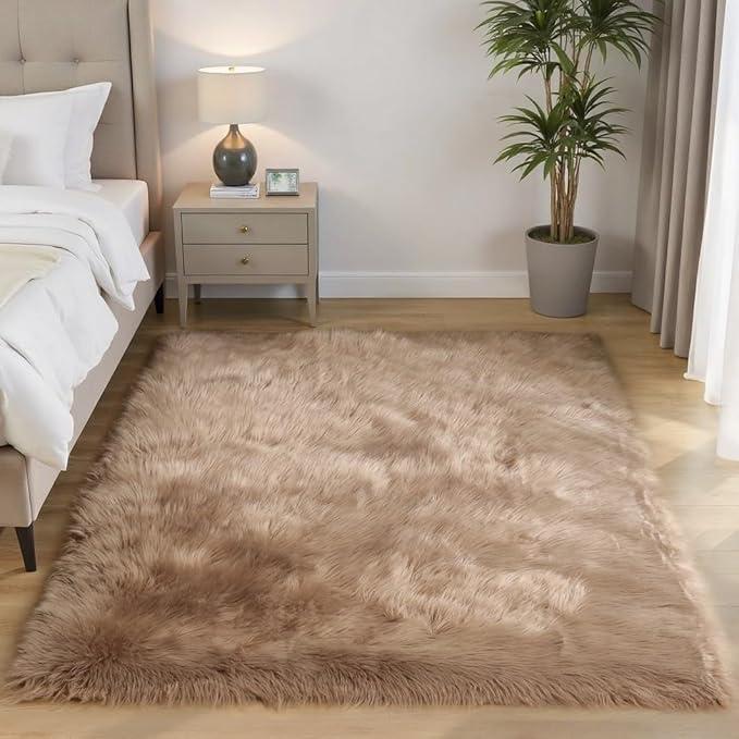 Goolela Faux Sheepskin Fur Area Rug 5x8 Light Brown Beige Fluffy Fuzzy Furry Shag Rug for Bedroom Living Room Washable Rectangle