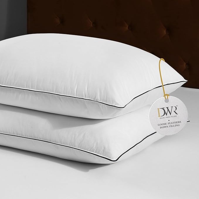 DWR Luxury Goose Feather Down Core Pillows Surrounded by Polyester - Set of 2 - King Size(20"x36") - Medium Firm - 100% Organic Cotton Cover