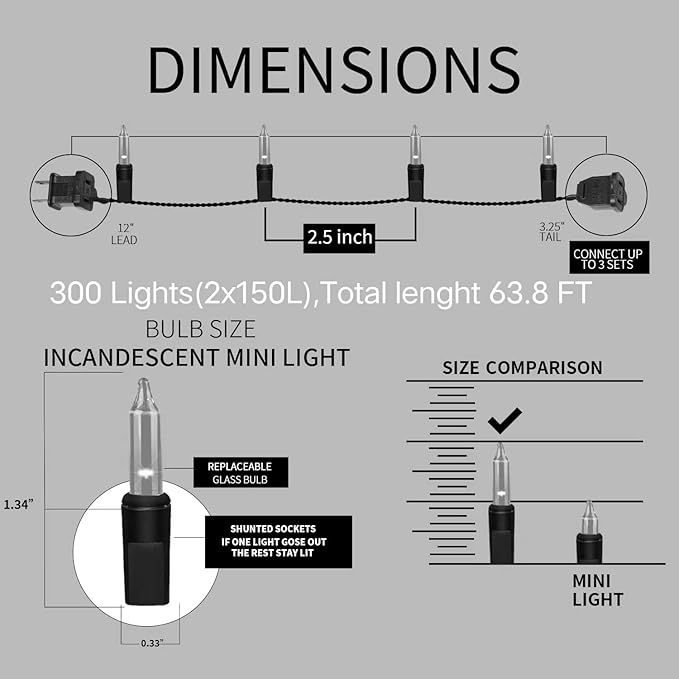 300LIGHTS(2*150L) YELLOW Extra-Bright With End Connectors Christmas Decorative Light 19.44m UL Certified Mini String Light Set Waterproof for Home Garden Holiday Tree Party Patio Decor Wedding