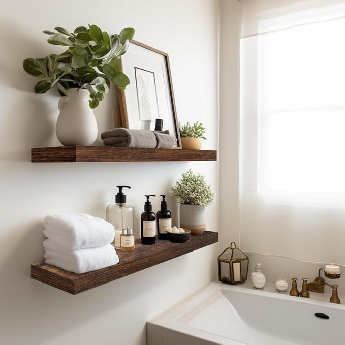 LaVie Home Floating Shelves, 24 Inch Wall Shelf Set of 2, Hanging Shelf with Invisible Brackets, Wall Decor for Bathroom, Bedroom, Living Room, Kitchen Storage, Rustic Brown