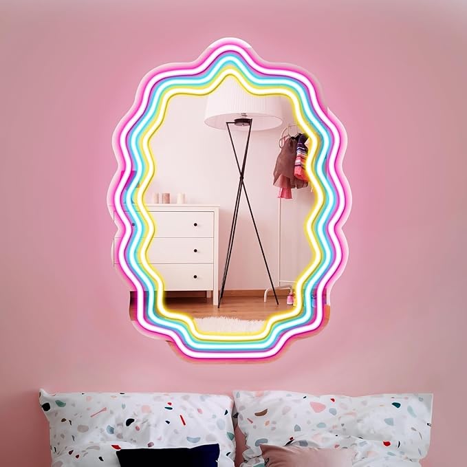 Kavaas Wavy Neon Mirror 16.9" x 12.7", LED Wave Mirror with Lights for Bedroom, Girls Room - Best Gifts for Teen Girls, Birthday, Christmas