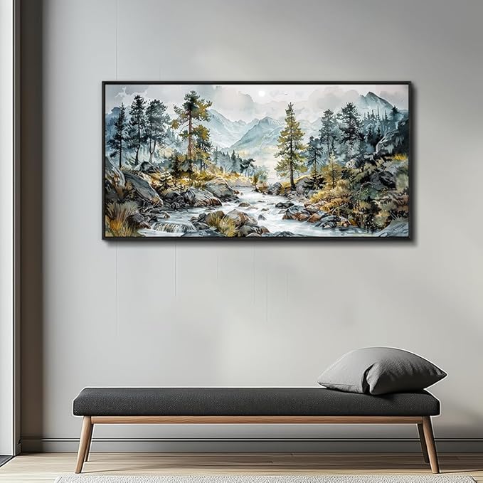 PHAOHUAXM Large Wall Art For Bedroom Wall Decor For Living Room Office Decoration Rivulet View Painting Forest Tree Landscape Watercolour Pictures Canvas Artworks Home Decor Black Framed 24x48 In