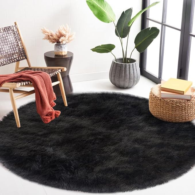 Latepis Black Furry Rugs for Bedroom Circle Faux Sheepskin Fur Rug Fluffy Round Rugs 6ft High Pile Plush Shaggy Rug for Living Room Playing Room Luxury Home Decor