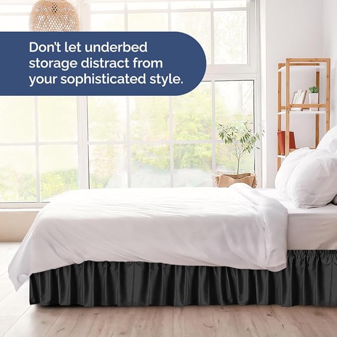 Wrap Around Dust Ruffle Bed Skirt - Black - for King Size Beds with 15 Inch Drop - Easy Fit Elastic Strap - Adjustable Pleated Bedskirt w/Brushed Fabric - Wrinkle Free - for Women, Men, Kids & Teens