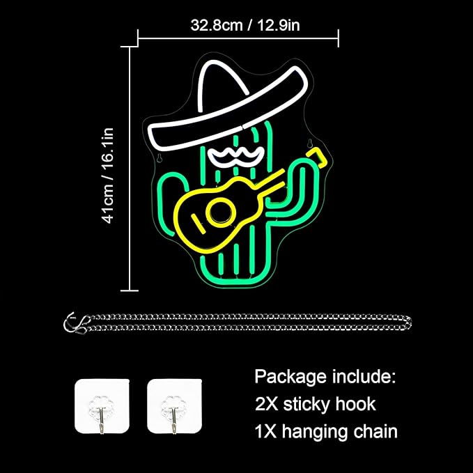 WLHOPE Cactus Neon Sign Cowboy Hat LED Signs Green Led Neon Signs for Wall Decor, Guitar Cactus Neon Led Signs USB Anime Neon Light for Bedroom Game Room Kids Room Home Bar Party Shop Gift