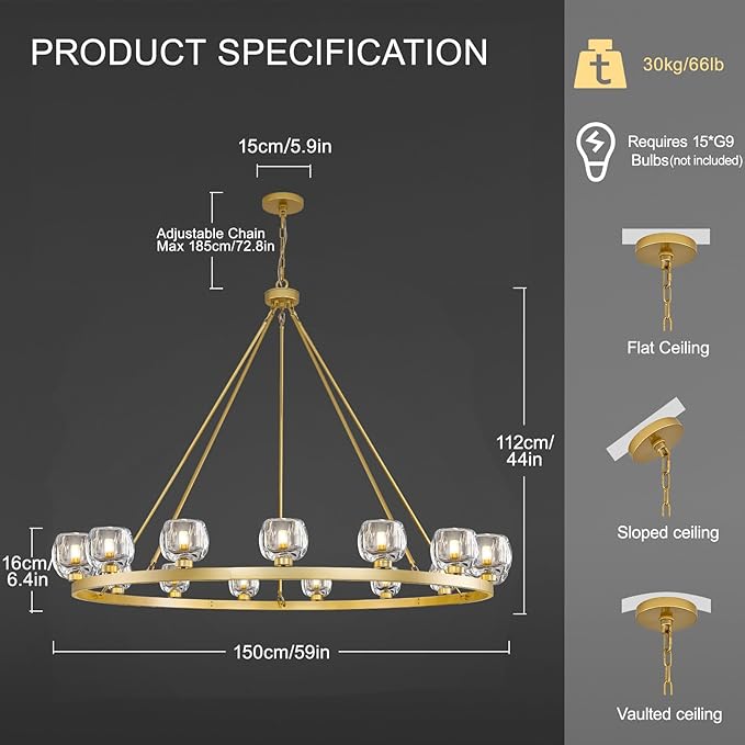 Gold Wagon Wheel Chandelier, 59 Inch Brass Chandeliers with Unique Glass Shade, 15-Light Crystal Large Wagon Wheel Chandeliers for Dining Room, High Ceiling Round Chandelier for Living Room, Foyer