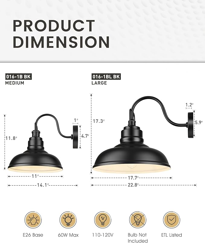 zeyu 2 Pack Gooseneck Barn Lights, Exterior Wall Mount Light for Porch, 18 Inch Modern barn Lights, Matte Black Finish, 016-1BL-2 BK