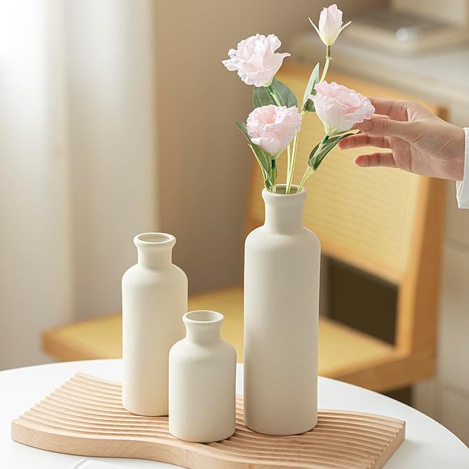 Modern Ceramic Vase Set of 3, Beige Colors, Decorative Bottles for Home, Farmhouse Rustic Decor (Beige)