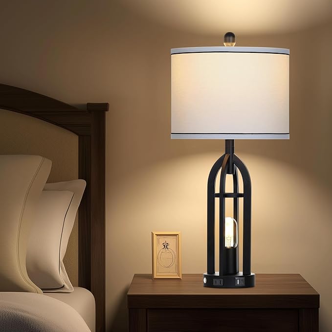 27" Black Table Lamp for Living Room,Black Table Lamps Set of 2 with USB & AC Outlet, 3-Way Dimmable Farmhouse Lamps for Night Stands, Vintage Bedside Lamp for End Tables, Nightstand Lamps for Bedroom