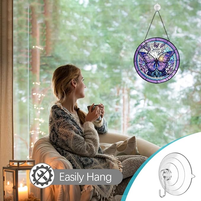 Butterfly Suncatcher Stained Glass Window Hanging - 8” Handmade Stained Glass Suncatchers for Windows Hanging - Sun Catchers Indoor Wall Art Garden Decor Catcher with Hook - Butterfly Gift for Women