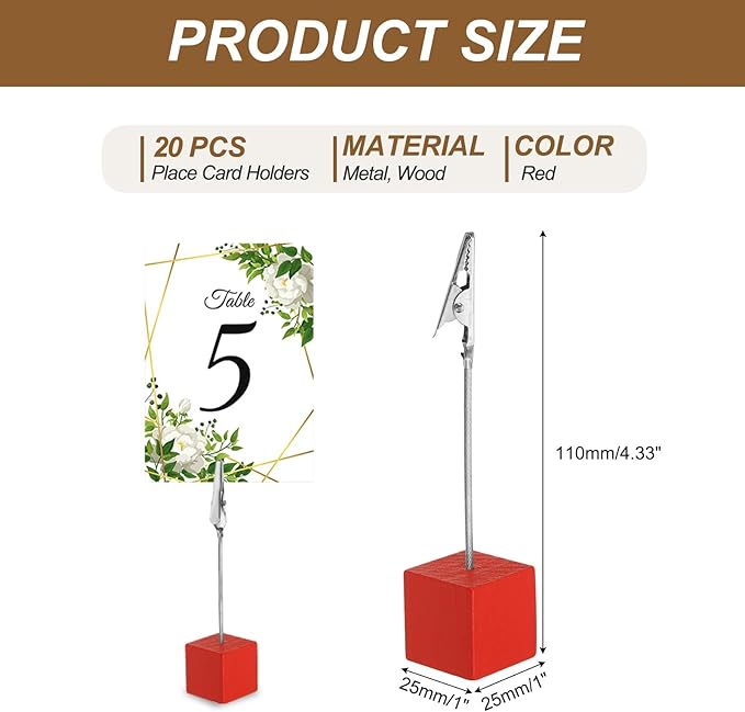 PATIKIL Place Card Holder, 20Pcs Memo Clip Holder Stand with Alligator Clasp Table Number Holders Wooden Base for Pictures Note Card Paper, Red