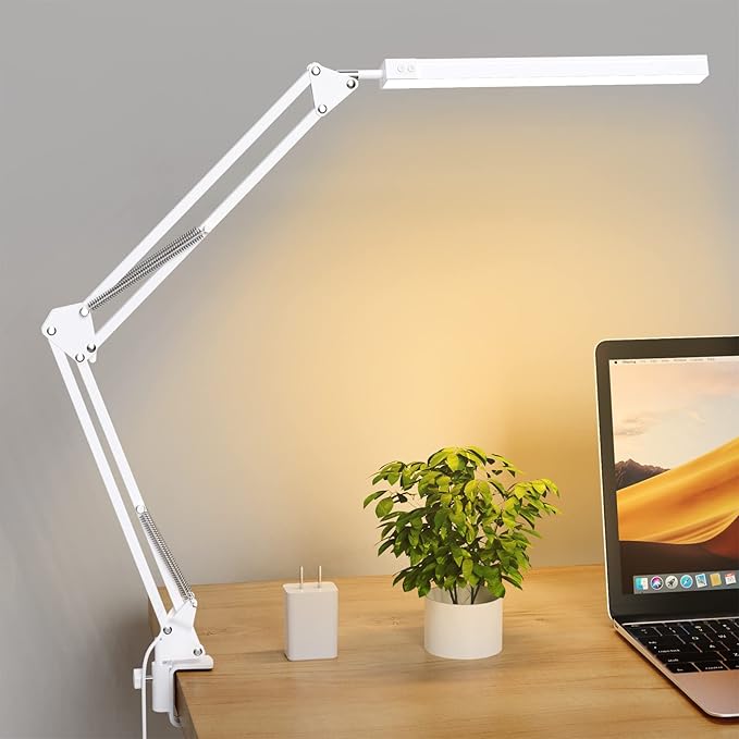 LED Desk Lamp for Home Office, Clamp-On with 3 Light Modes | 14W Adjustable Brightness 5000K Eye-Caring Lighting for Study/Bedroom/Computer Desk (White)