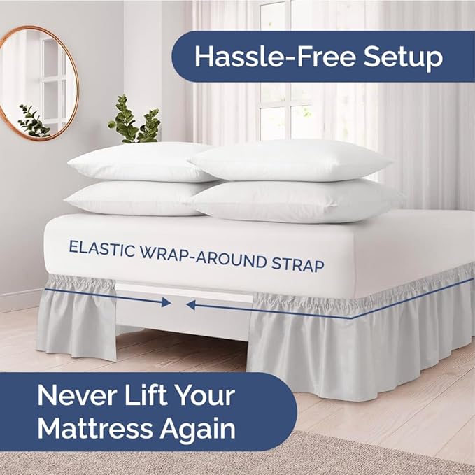 Wrap Around Dust Ruffle Bed Skirt - French Grey - Twin/Twin XL Size Beds w/ 12 Inch Drop - Easy Fit Elastic - Adjustable Pleated Bedskirt w/Brushed Fabric - Wrinkle Free, Women, Men, Kids & Teens