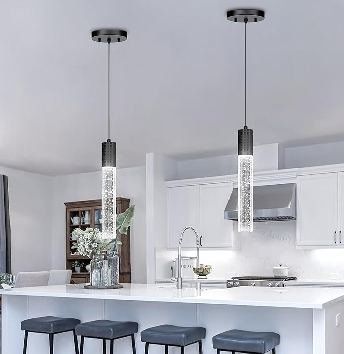 Set of 2 Pendant Lights for Kitchen Island, White Light, Black Crystal Linear Pendant Lighting, Bar Corner LED Light Fixture