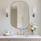 ANDY STAR Gold Bathroom Mirror, 24"x36" Brushed Brass Asymmetrical Wall Mirror in Stainless Steel Metal Frame, Unique Vanity Mirror with Modern Curved Design, Ideal for Bathroom, Bedroom, Entryway