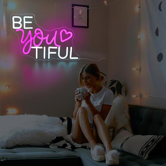 Be You Tiful Neon Sign, JGHTURIE Pink Led Neon Signs for Wall Decor Light Up Sign Preppy Girls Room Salon Party Gift Decor USB Powered