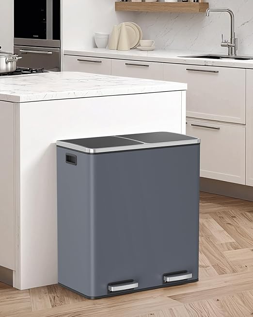 Arlopu 16 GallonStainless Steel Trash Can, 60L Dual Compartment, Metal Kitchen Step Recycle Bin, Metal Double Dustbin, in-Home Garbage Rubbish Can W/Removable Liner Buckets (Grey)