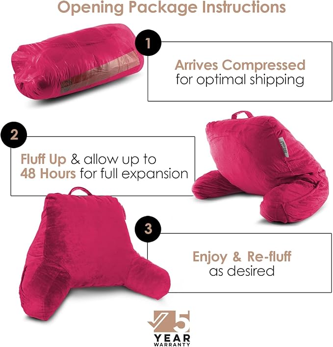 Nestl Reading Pillow Standard Bed Pillow, Back Pillow for Sitting in Bed Shredded Memory Foam Chair Pillow, Reading & Bed Rest Pillows Hot Pink Back Pillow for Bed, Bed Chair Arm Pillow with Pockets