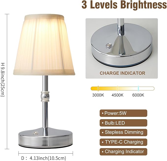 3000 mah Battery lamp,5W LED Small Touch Lamps,3 Color Temperature Dimmable Rechargeable Lamp,Cordless Lamp for Kitchen,Mini Lamps for Small Spaces (Chrome,2 Pack)