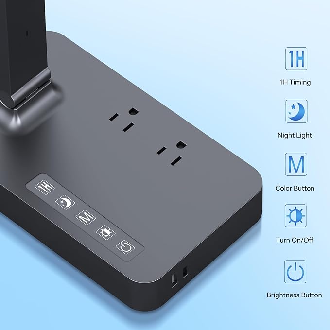 LAOPAO Desk Lamp with USB Charging Port: Power Strip with Surge Protection - 1 Type-C, 1 USB-A Charging Port, 2 AC Power Outlets, Desk Lamps for Home Office College Dorm Room Essentials